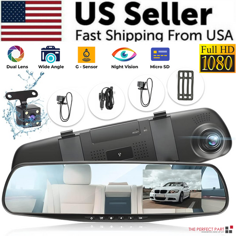 1080P HD Rearview Mirror Car DVR Dual Dash Cam Camera Front Rear Video Puce Gaia