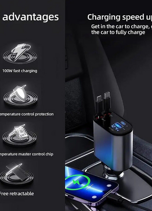 Retractable Car Charger 4 in 1 Fast Car Phone Charger 120W With USB Puce Gaia