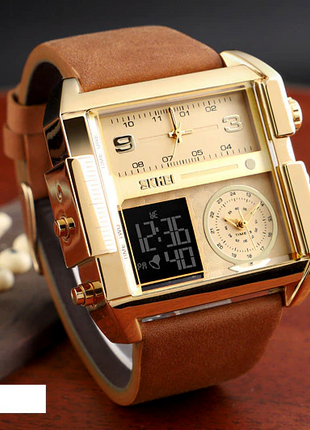 SKMEI Men Watch Large Dial Digital Quartz Sport Stopwatch Leather Puce Gaia