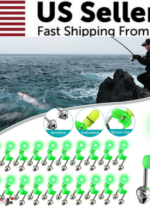 10/40 PC LED Night Fishing Bite Bait Alarm 2 Bells Light Rod Tip Clip Puce Gaia