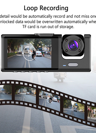 Car Dual Lens Dash Cam HD 1080P Front/Rear/Inside Video Recorder Puce Gaia
