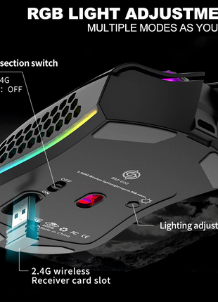 Wireless Mouse Gaming Rechargeable Optical Mouse Cordless 7 Color LED Puce Gaia