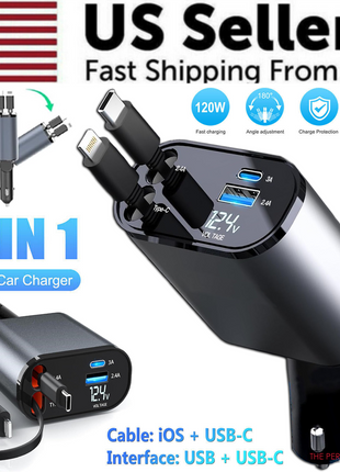 Retractable Car Charger 4 in 1 Fast Car Phone Charger 120W With USB Puce Gaia