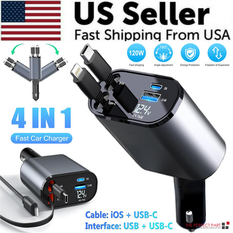 Retractable Car Charger 4 in 1 Fast Car Phone Charger 120W With USB Puce Gaia