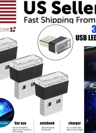 3x Mini Blue LED USB Car Interior Light Neon Atmosphere Ambient Lamp Puce Gaia