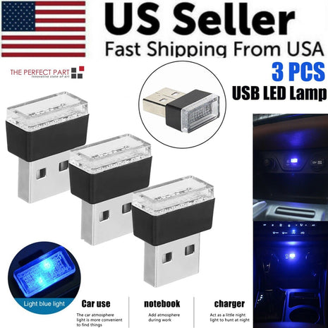 3x Mini Blue LED USB Car Interior Light Neon Atmosphere Ambient Lamp Puce Gaia