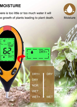 4 In 1 LCD Digital Soil Tester PH Water Moisture Temperature Sunlight Puce Gaia
