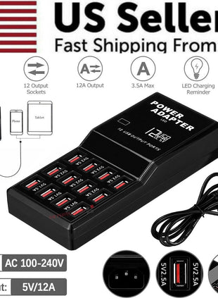 Multi 12 Port USB Charging Station Hub Desktop Wall Cell Phone Charger Puce Gaia