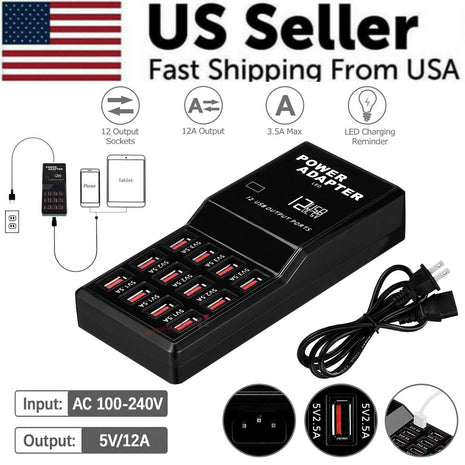 Multi 12 Port USB Charging Station Hub Desktop Wall Cell Phone Charger Puce Gaia