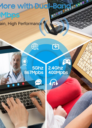 USB 3.0 Wireless WIFI Adapter 1300Mbps Long Range Dongle Dual Band Puce Gaia