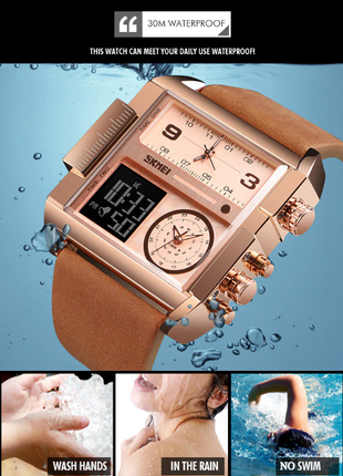 SKMEI Men Watch Large Dial Digital Quartz Sport Stopwatch Leather Puce Gaia