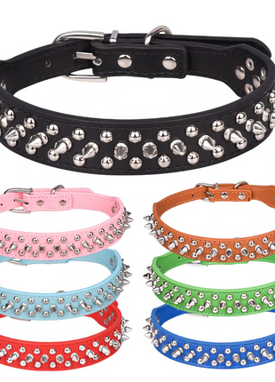 Spiked Studded Leather Dog Collar Rivets Pet Small Large Cat Pit Bull Puce Gaia