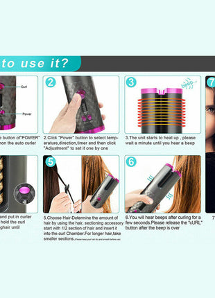 Hair Curler LCD Cordless Auto Rotating Waver Curling Iron Ceramic Puce Gaia