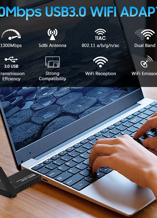 USB 3.0 Wireless WIFI Adapter 1300Mbps Long Range Dongle Dual Band Puce Gaia
