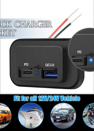 12-24V 4.8A Dual USB PD QC3.0 Car Boat RV Fast Charger Socket LED Puce Gaia