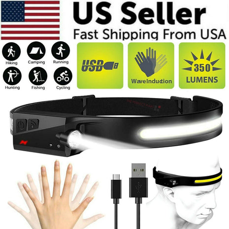 COB LED Headlamp USB Rechargeable Headlight Torch Work Light Bar Head Puce Gaia