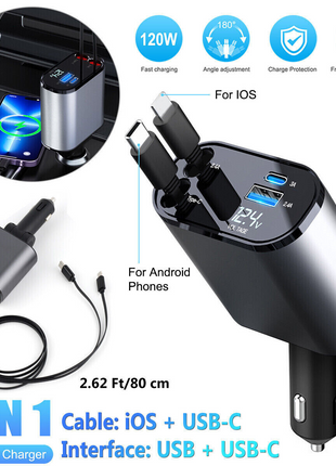 Retractable Car Charger 4 in 1 Fast Car Phone Charger 120W With USB Puce Gaia