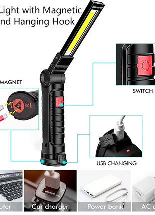 Rechargeable LED COB Work Light Mechanic Flashlight Lamp Magnetic Base Puce Gaia