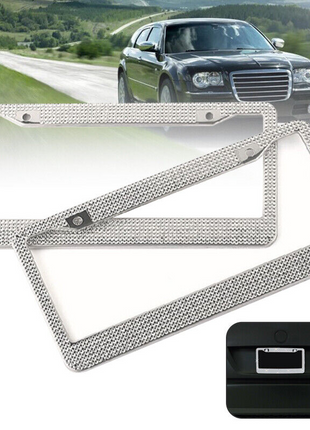 2PCS Bling License Plate Frame Glitter Crystal Sparkling Rhinestone Puce Gaia