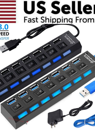7 Port USB 2.0 / 3.0 Hub Splitter Adapter High Speed For PC Laptop Mac Puce Gaia