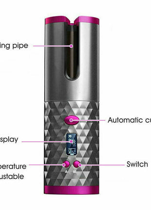 Hair Curler LCD Cordless Auto Rotating Waver Curling Iron Ceramic Puce Gaia