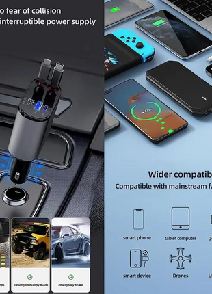 Retractable Car Charger 4 in 1 Fast Car Phone Charger 120W With USB Puce Gaia