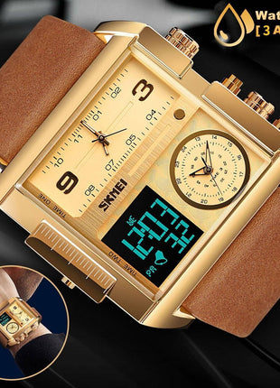 SKMEI Men Watch Large Dial Digital Quartz Sport Stopwatch Leather Puce Gaia