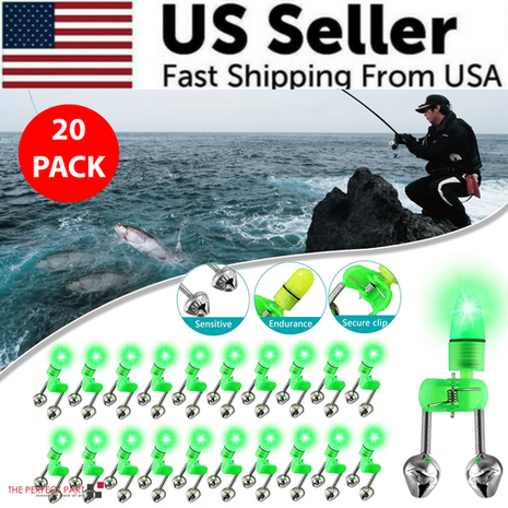 10/40 PC LED Night Fishing Bite Bait Alarm 2 Bells Light Rod Tip Clip Puce Gaia