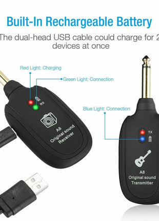 UHF Guitar Wireless System Transmitter+Receiver Built In Rechargeable Puce Gaia