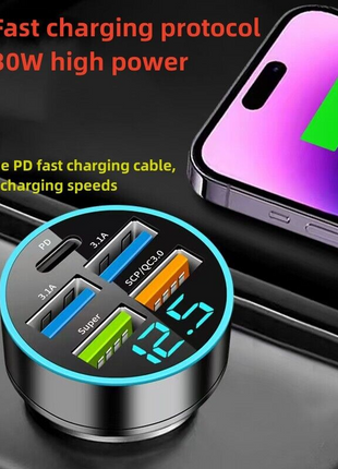 5 USB Port Super Fast Car Charger Adapter For iPhone Samsung Android Puce Gaia
