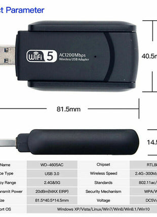 1200Mbps Long Range AC1200 Dual Band 5GHz Wireless USB 3.0 WiFi Puce Gaia