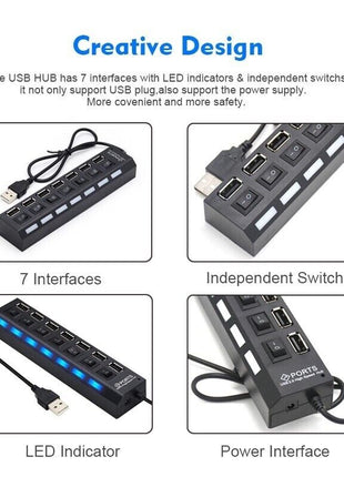 7 Port USB 2.0 / 3.0 Hub Splitter Adapter High Speed For PC Laptop Mac Puce Gaia