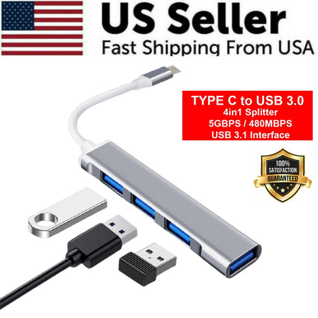 USB-C Type C to USB 3.0 4 Port Hub Splitter For PC Mac Phone MacBook Puce Gaia