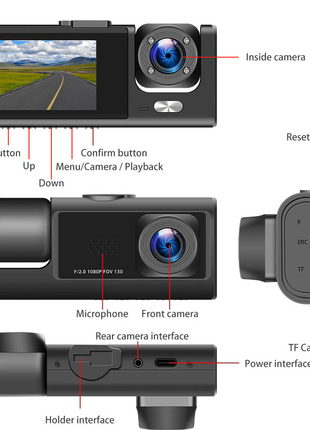 Car Dual Lens Dash Cam HD 1080P Front/Rear/Inside Video Recorder Puce Gaia