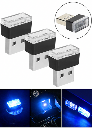 3x Mini Blue LED USB Car Interior Light Neon Atmosphere Ambient Lamp Puce Gaia