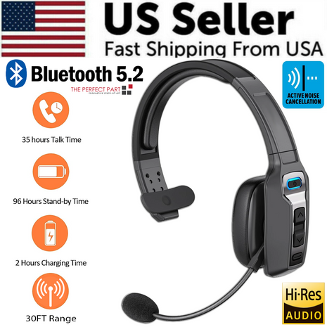 Trucker Bluetooth 5.2 Wireless Headset With Noise Cancelling Mic For Puce Gaia