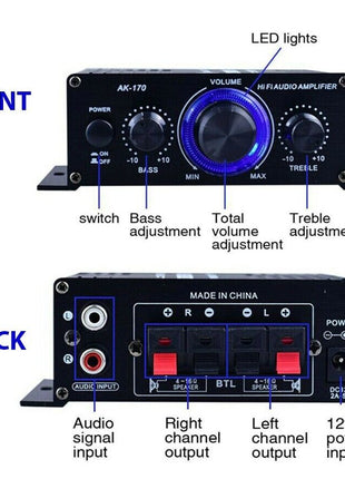 400W 12V 2 Channel Powerful Stereo Audio Power Amplifier HiFi Bass Amp Puce Gaia