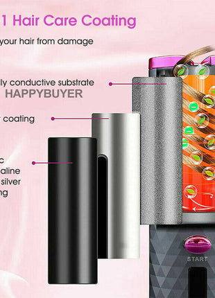 Hair Curler LCD Cordless Auto Rotating Waver Curling Iron Ceramic Puce Gaia