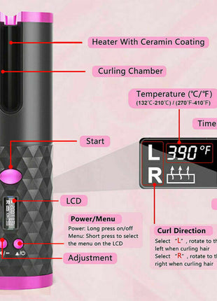 Hair Curler LCD Cordless Auto Rotating Waver Curling Iron Ceramic Puce Gaia