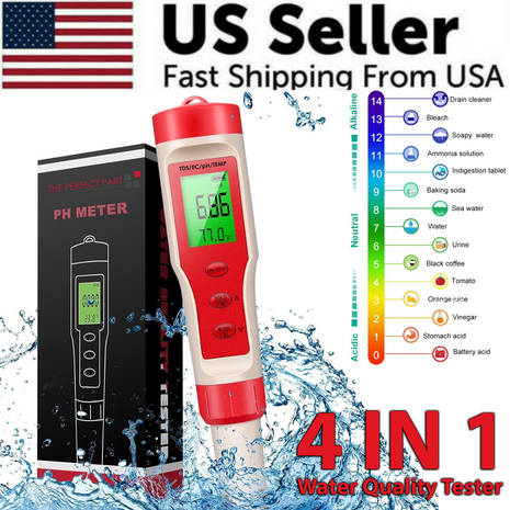 4 in 1 Digital PH EC Meter LCD Tester Pocket Hydroponics Aquarium Puce Gaia