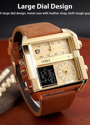SKMEI Men Watch Large Dial Digital Quartz Sport Stopwatch Leather Puce Gaia