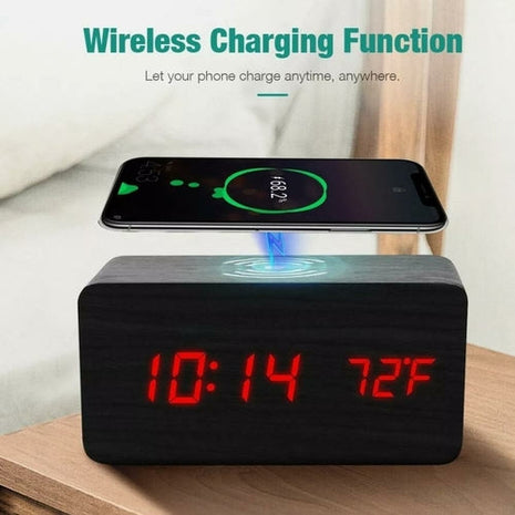 Wooden Digital Alarm Clock with Wireless Phone Charging Pad Yellow Pandora