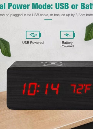 Wooden Digital Alarm Clock with Wireless Phone Charging Pad Yellow Pandora