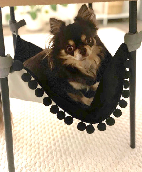 NIGHT STORM Saveplace® black hammock for pets & storage with pom poms Grey Chaos