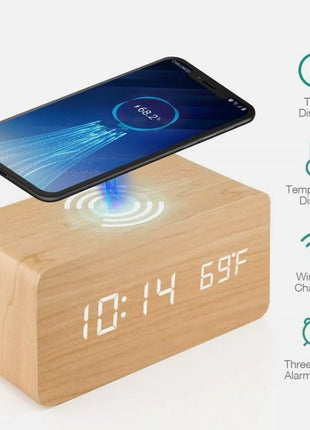 Wooden Digital Alarm Clock with Wireless Phone Charging Pad Yellow Pandora