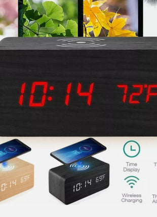 Wooden Digital Alarm Clock with Wireless Phone Charging Pad Yellow Pandora