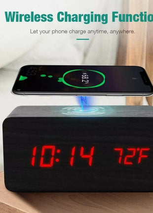 Wooden Digital Alarm Clock with Wireless Phone Charging Pad Yellow Pandora