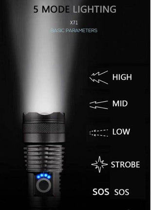 XHP70.2 Powerful USB LED Flashlight delivers intense brightness with advanced LED technology. Rechargeable via USB, it’s perfect for outdoor adventures, emergencies, or everyday use, providing reliable, long-lasting illumination