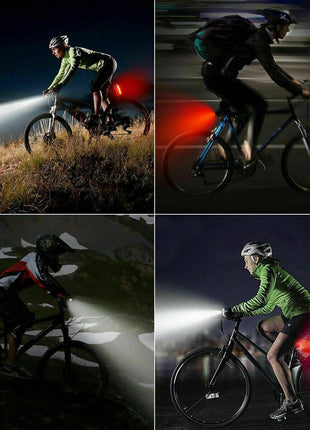 USB Rechargeable LED Bicycle Headlight & Taillight set ensures visibility and safety with bright, rainproof front and rear lights. Easy to install and long-lasting, it’s perfect for night rides and all-weather cycling.