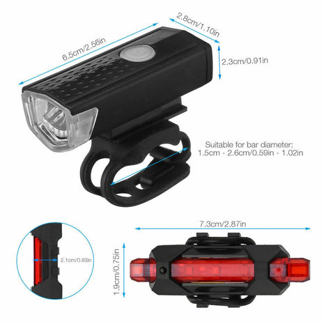 USB Rechargeable LED Bicycle Headlight & Taillight set ensures visibility and safety with bright, rainproof front and rear lights. Easy to install and long-lasting, it’s perfect for night rides and all-weather cycling.